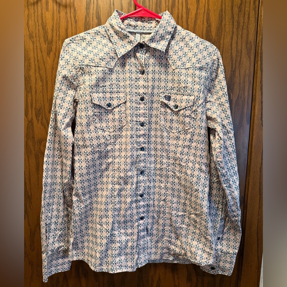 Blue, Pink, and White Patterned Button-Up Shirt